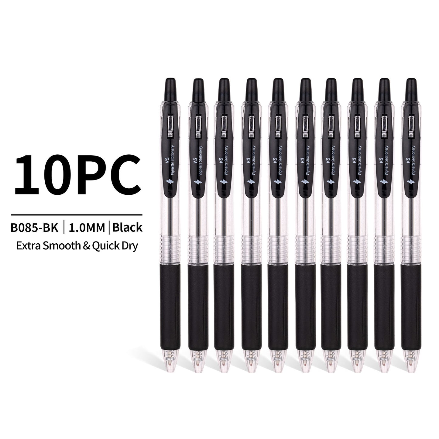 Vignette Stationery 10x Retractable 1.0mm Black Ballpoint Pens Extra Smooth Quick Dry Ink