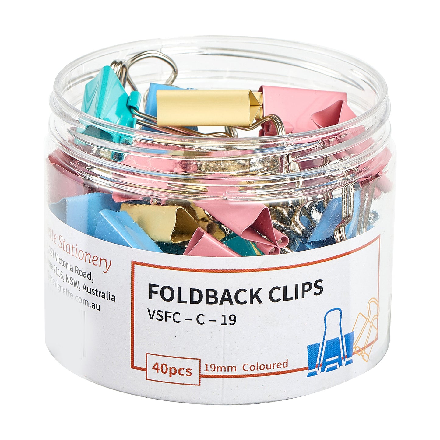 Vignette Stationery 19mm Coloured Foldback Clips 40 Pack