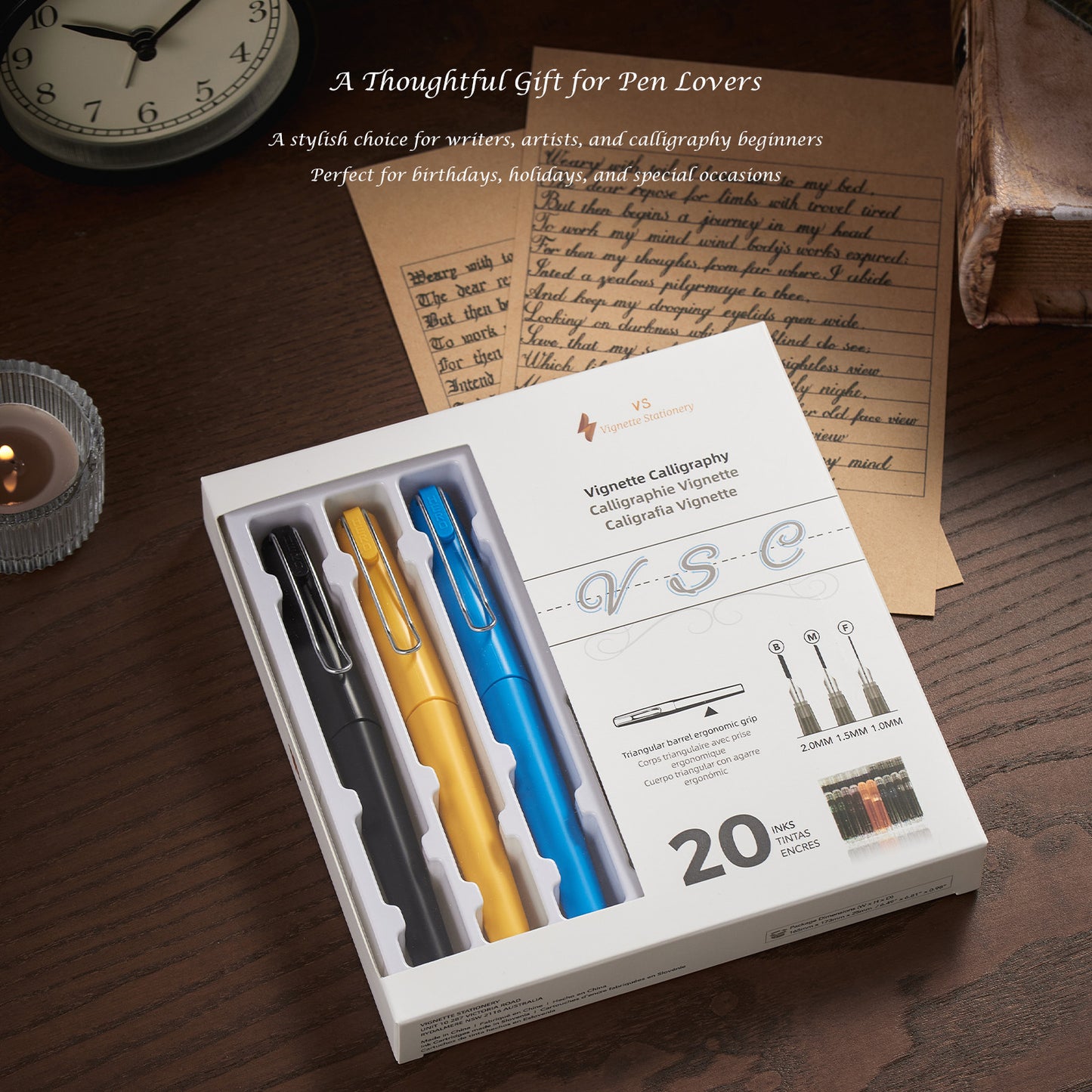 Vignette Stationery Calligraphy Kit with Pen (Black, Yellow, Blue) and Assorted Nibs and Inks