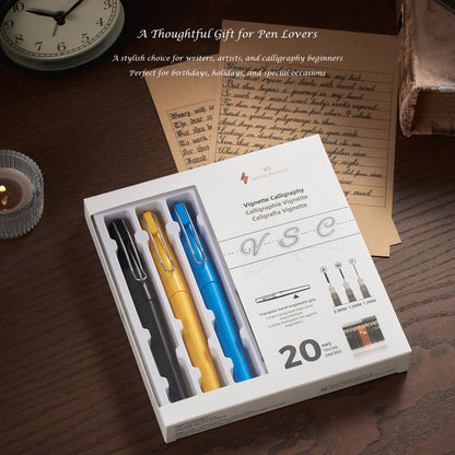 Vignette Stationery Calligraphy Kit with Pen (Black, Yellow, Blue) and Assorted Nibs and Inks
