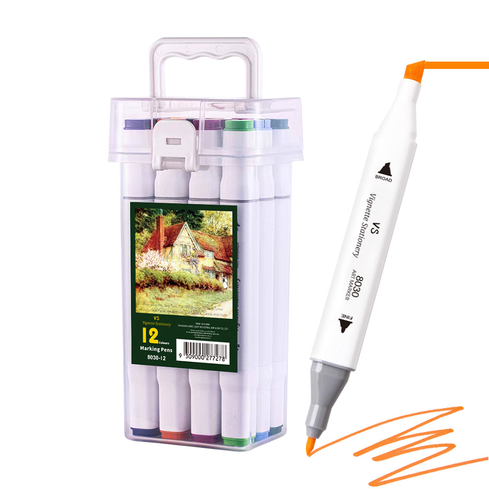 Colour Drawing Pens Dual Nibs Alcohol Base Colour Coding with Bucket (12)