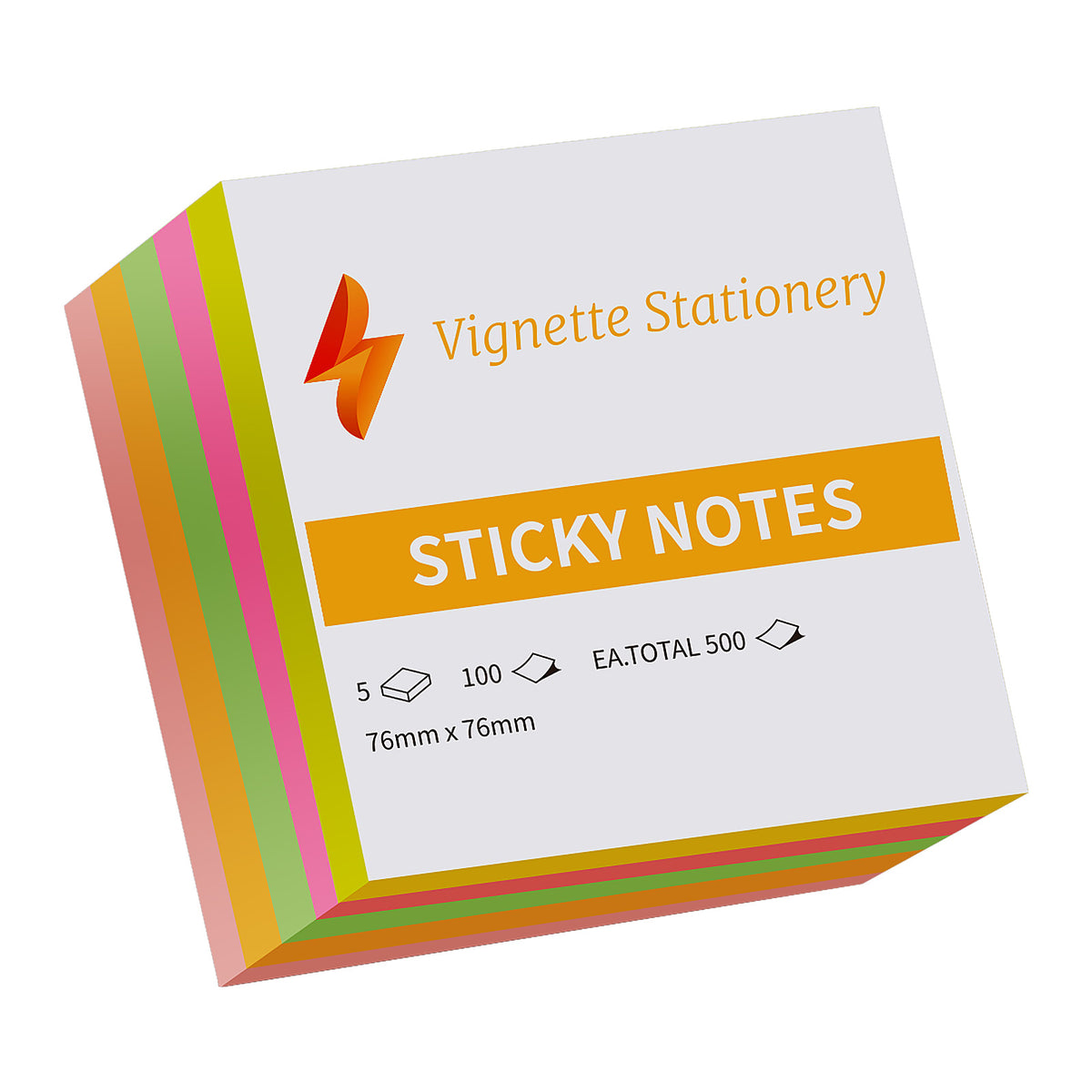 Vignette Stationery Sticky Notes, 76 x 76 mm, Assorted Neon Colours,Total 500 Sheets