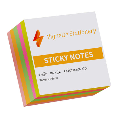 Vignette Stationery Sticky Notes, 76 x 76 mm, Assorted Neon Colours,Total 500 Sheets