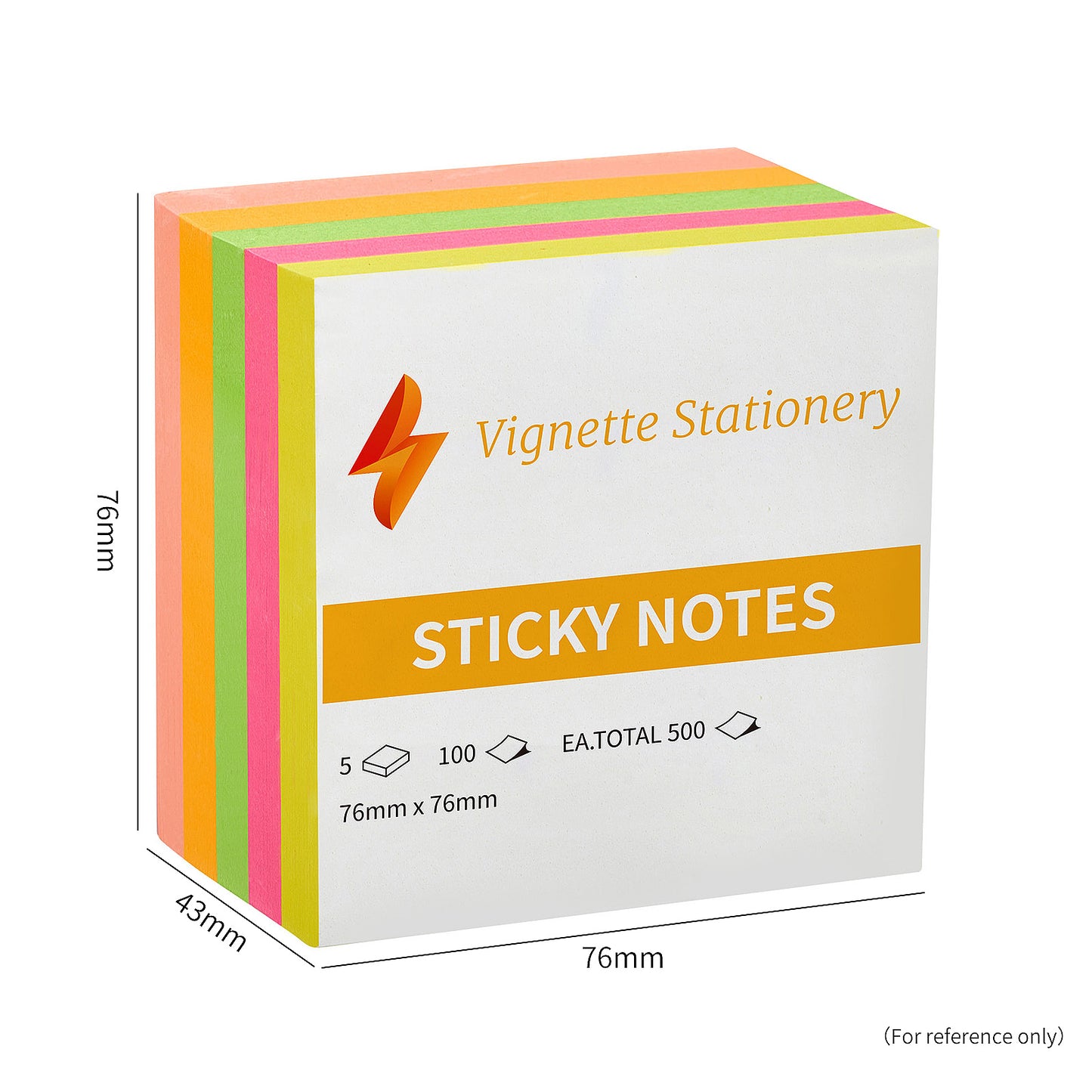 Vignette Stationery Sticky Notes, 76 x 76 mm, Assorted Neon Colours,Total 500 Sheets