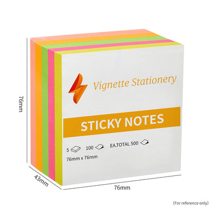 Vignette Stationery Sticky Notes, 76 x 76 mm, Assorted Neon Colours,Total 500 Sheets