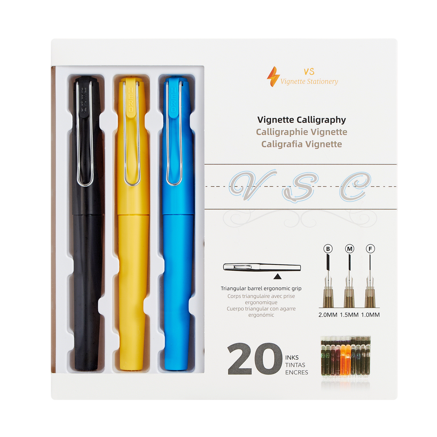 Vignette Stationery Calligraphy Kit with Pen (Black, Yellow, Blue) and Assorted Nibs and Inks