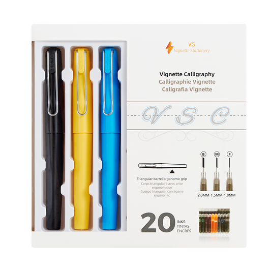 Vignette Stationery Calligraphy Kit with Pen (Black, Yellow, Blue) and Assorted Nibs and Inks