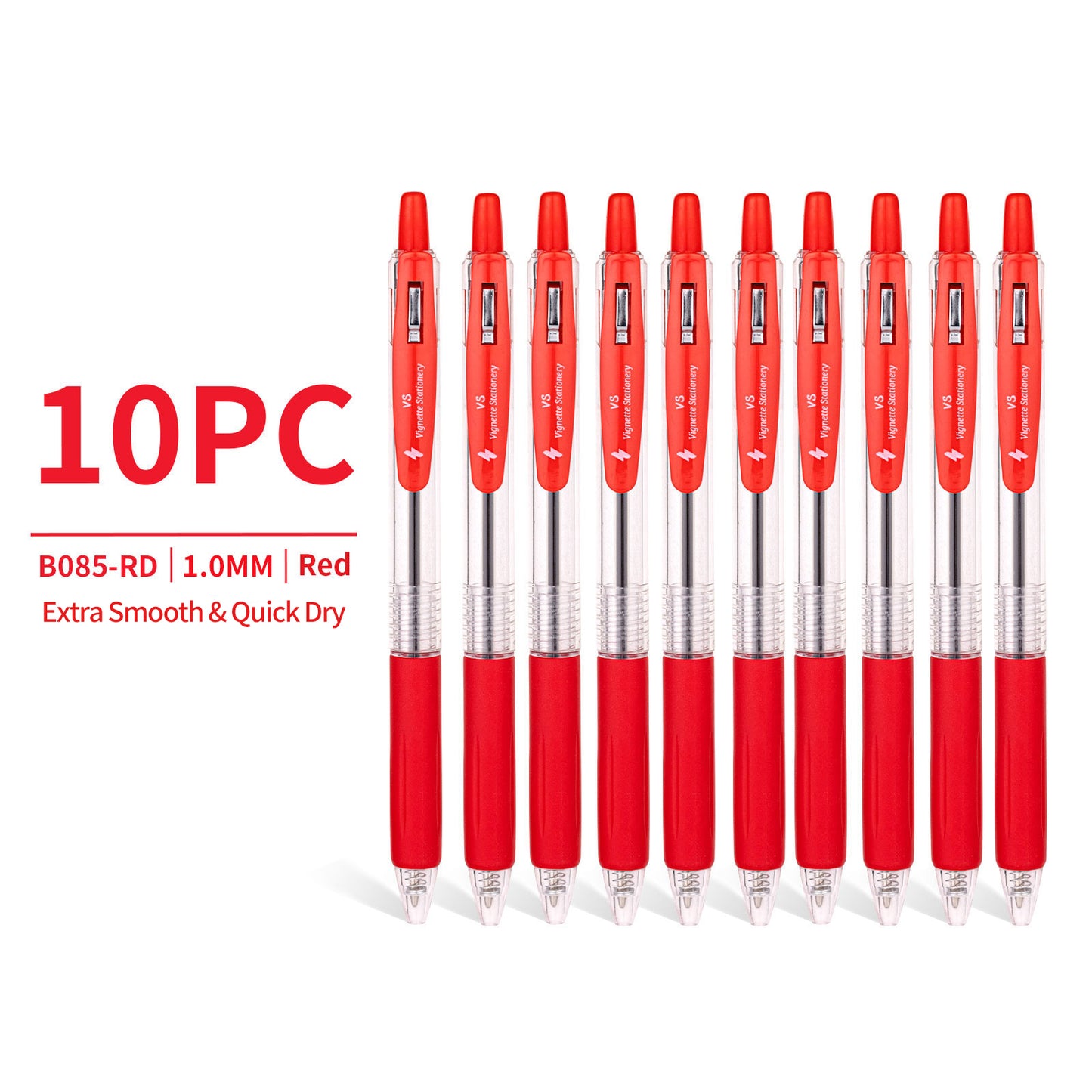 Vignette Stationery 10x Retractable 1.0mm Red Ballpoint Pens Extra Smooth Quick Dry Ink