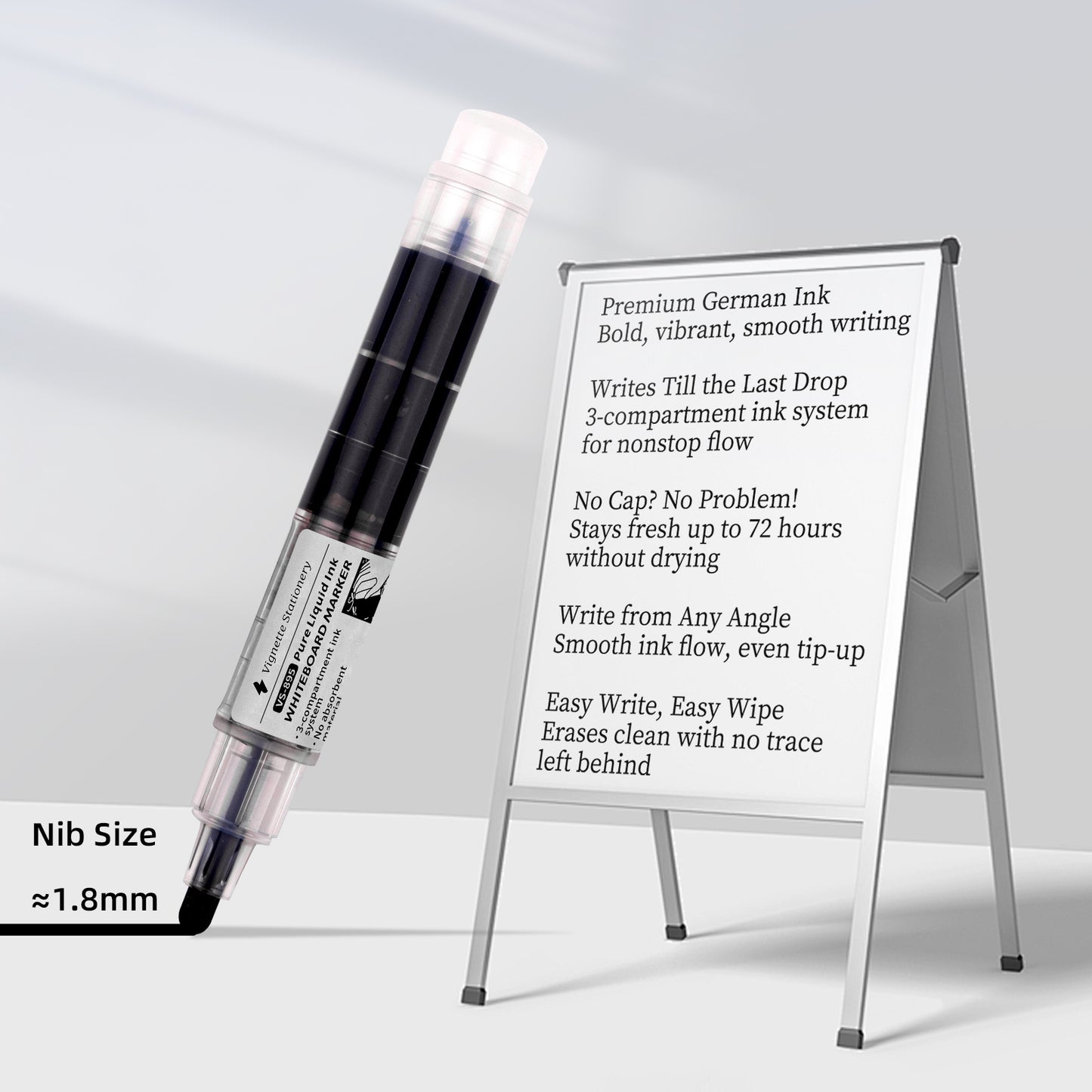 Vignette Stationery Premium Whiteboard Markers, 3-Compartment Ink System, 1.8mm Nib, German Ink (10 Black)