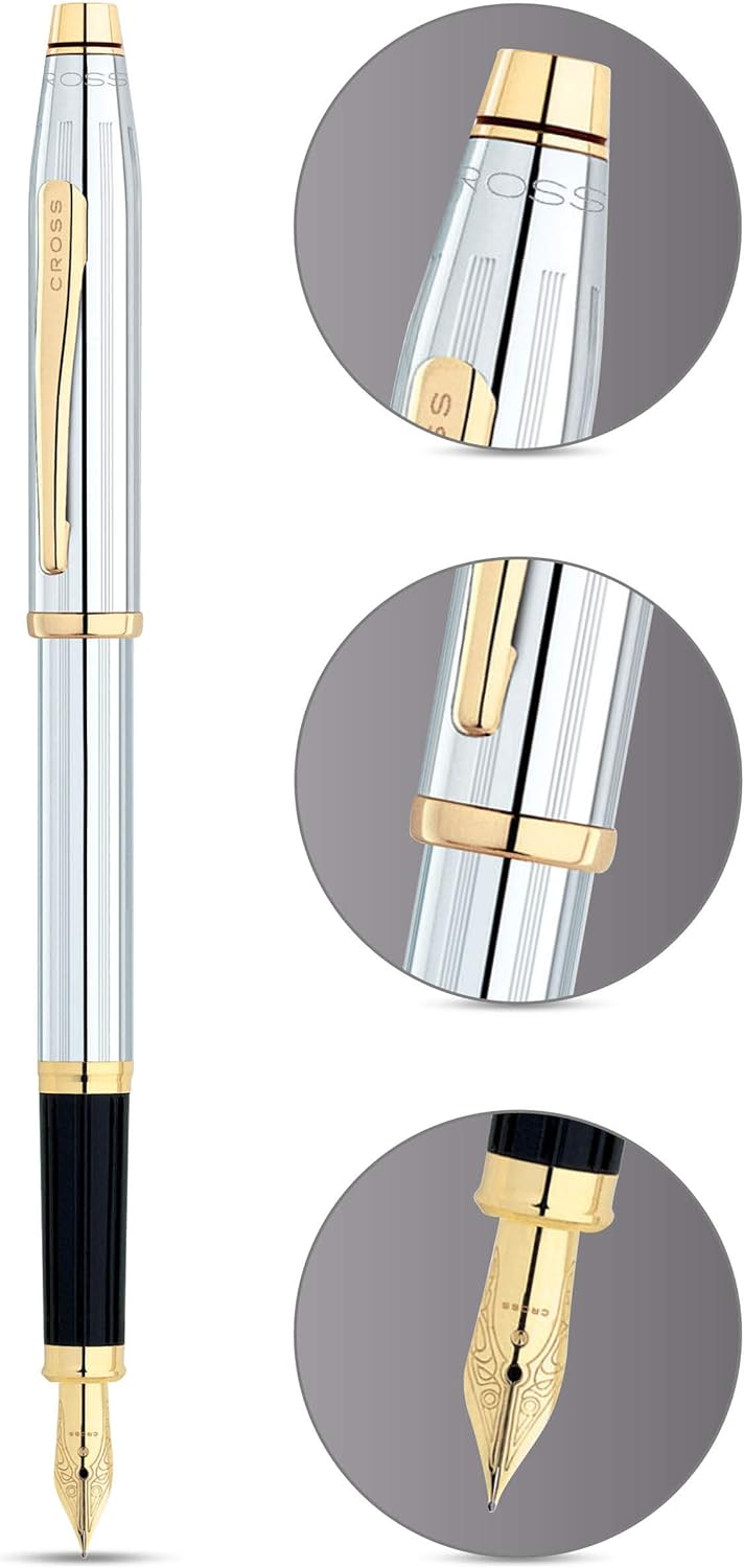 Cross Century II Chrome Fountain Pen 23KT Gold Plated Appointments Fine Nib