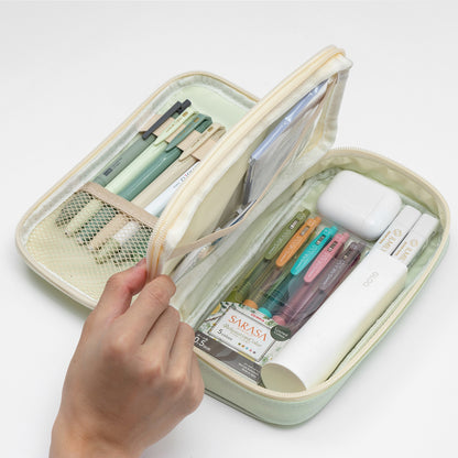 Vignette Stationery Pencil Case, Yellow, Large Capacity 3 Compartment Pencil Pouch with Double Zipper