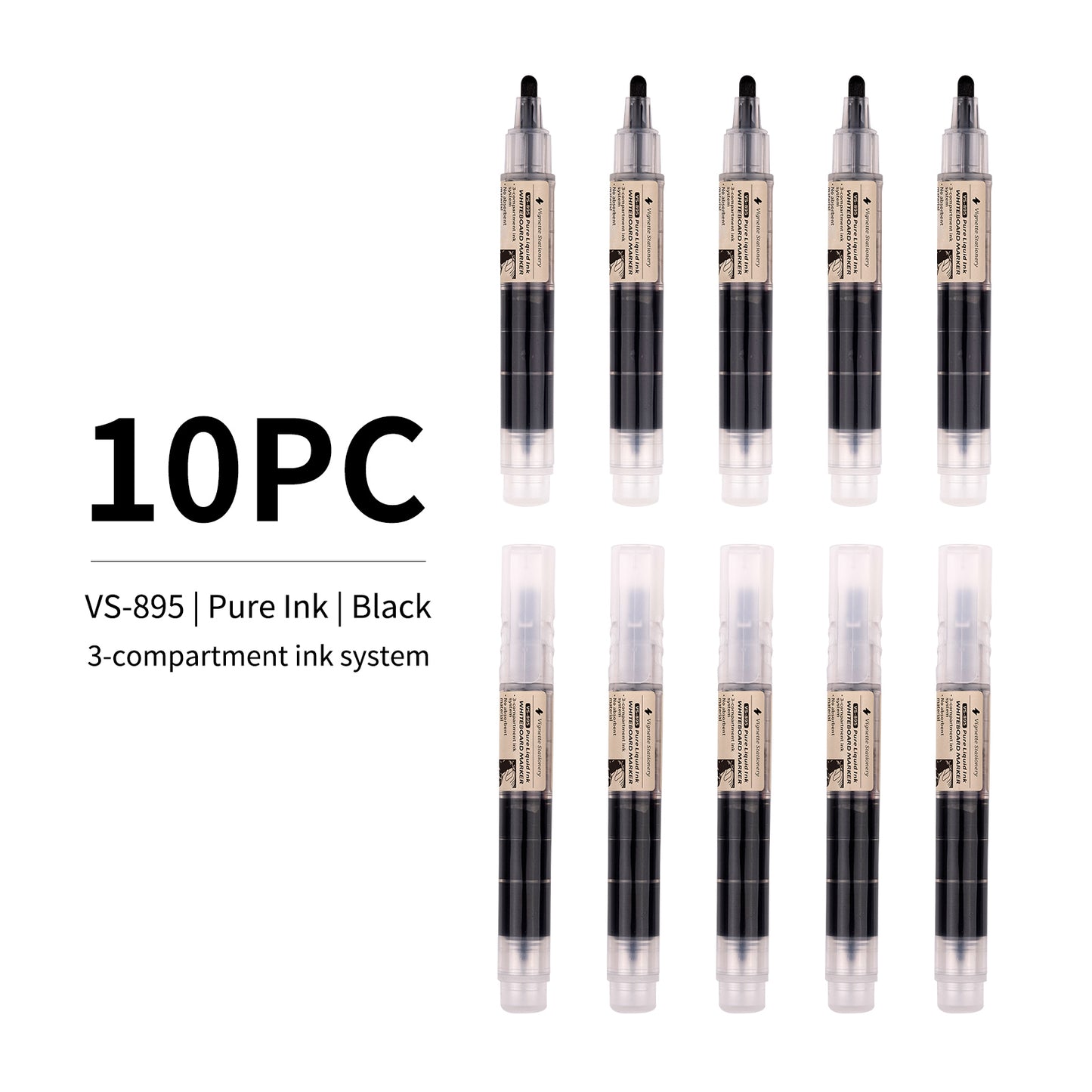 Vignette Stationery Premium Whiteboard Markers, 3-Compartment Ink System, 1.8mm Nib, German Ink (10 Black)