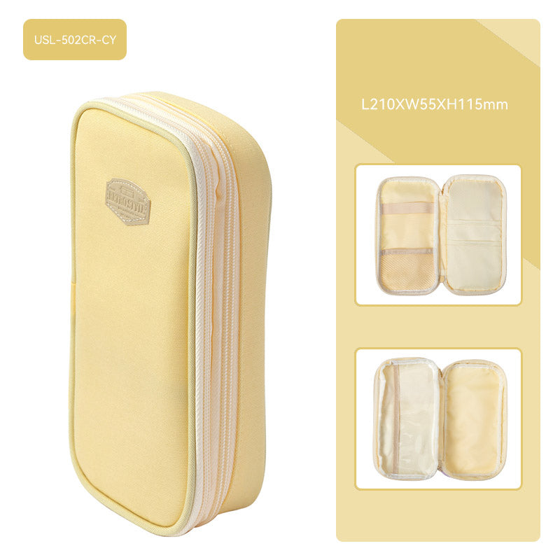Vignette Stationery Pencil Case, Yellow, Large Capacity 3 Compartment Pencil Pouch with Double Zipper