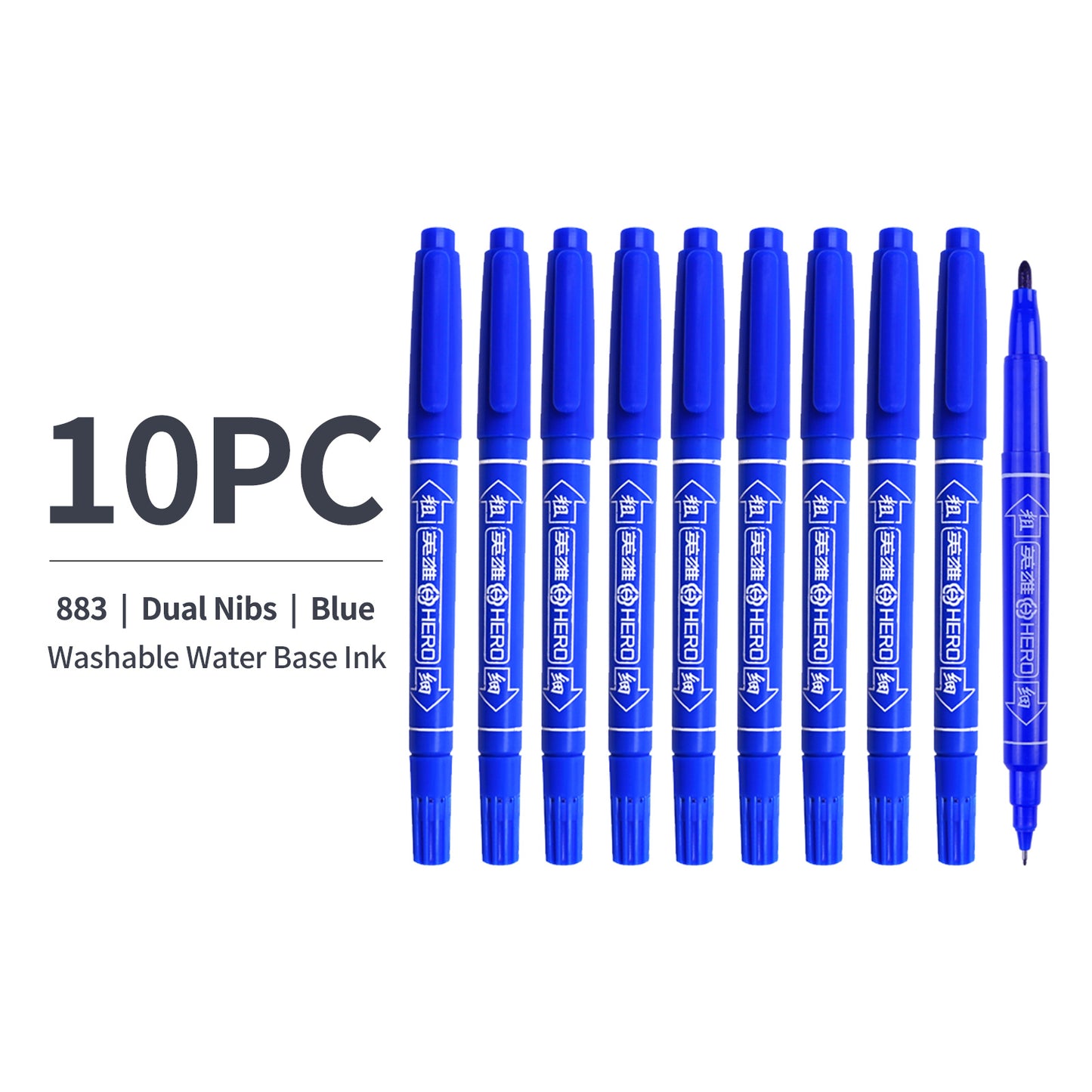 Vignette Stationery Dual Nib Fineliner Drawing Pens, Set of 10, Waterbase Ink, Washable, Odourless Double Tip Markers (Blue)