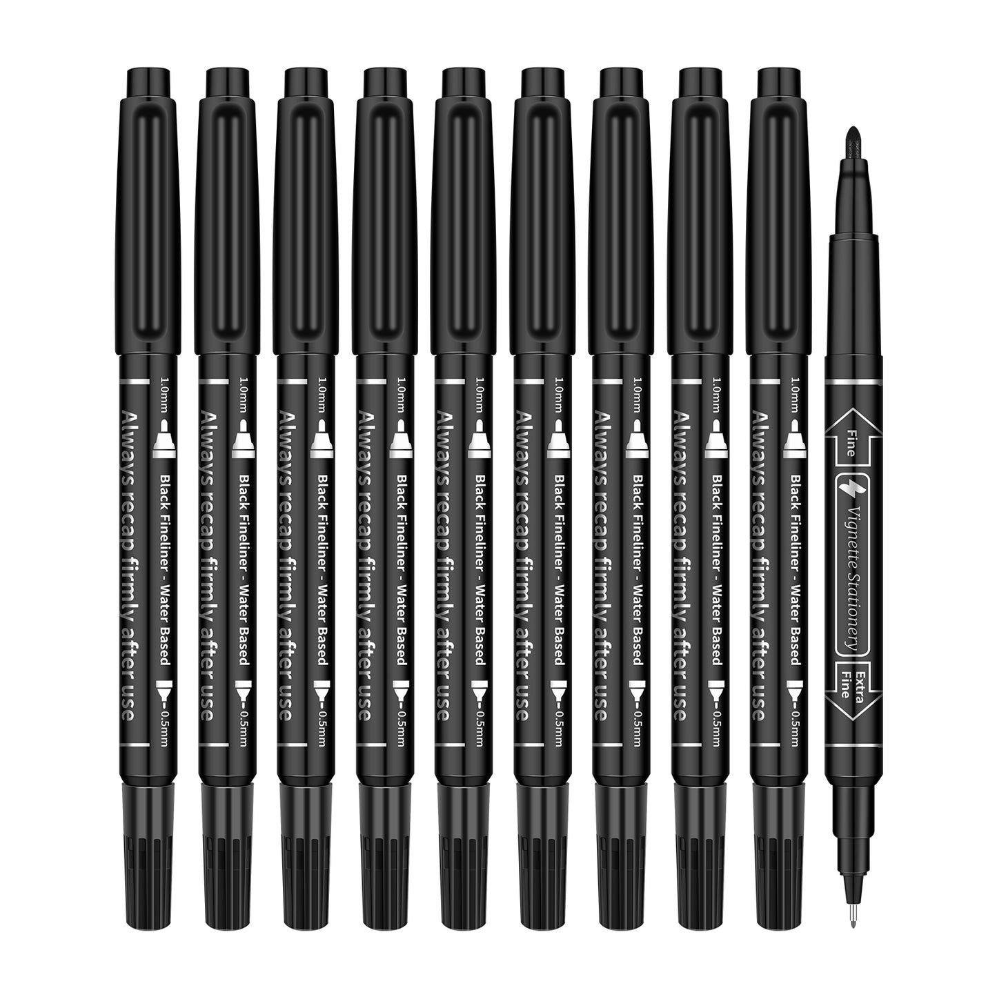 Vignette Stationery Dual Nib Fineliner Drawing Pens, Black, Set of 10, Waterbase Ink, Washable, Odourless Double Tip Markers