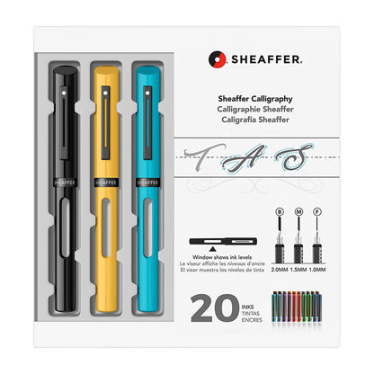 SHEAFFER 93404-2 Calligraphy Kit with Pen (Black, Yellow, Blue) and Assorted Nibs and Inks